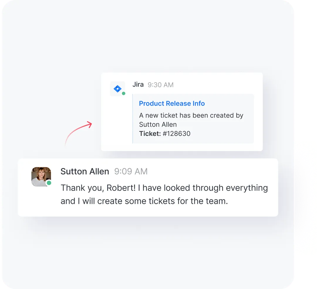 Chat message from Sutton Allen thanking Robert and mentioning creating tickets, with an overlay showing a Jira notification for a new ticket #128630 created by Sutton Allen.