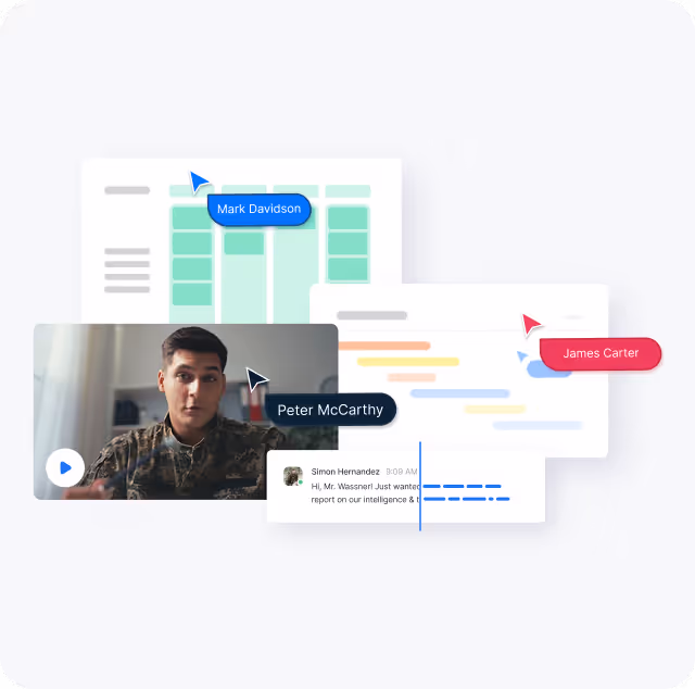 Collage of online collaboration elements including a video call with a man, color-coded task boards, cursors labeled with names Mark Davidson and James Carter, and a partial chat message from Simon Hernandez.