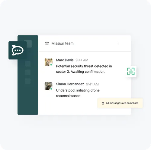 Chat interface titled Mission team showing messages about a potential security threat in sector 3 and initiating drone reconnaissance, with a compliance confirmation note.