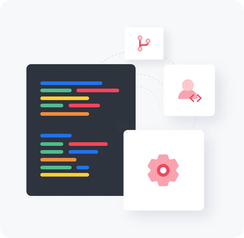 Illustration of colorful code lines on dark panel connected to icons representing branching, user coding, and settings.