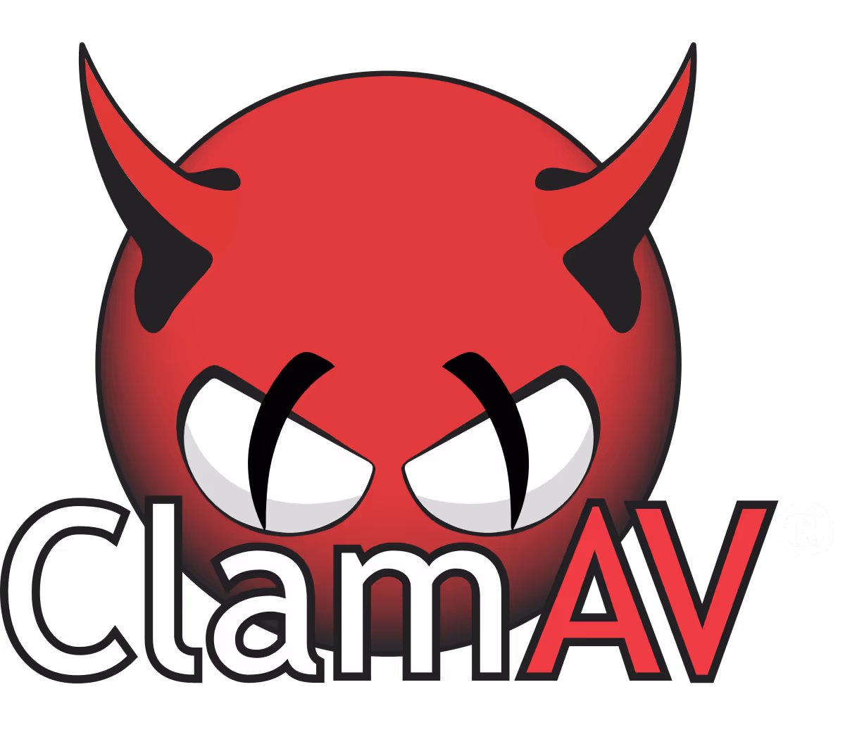 Red round face with black devil horns and angry eyes above the text 'ClamAV'.