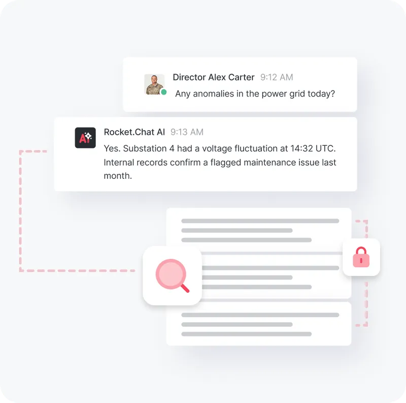 Chat exchange showing Director Alex Carter asking about power grid anomalies and Rocket.Chat AI responding about a voltage fluctuation at Substation 4 and maintenance issue.