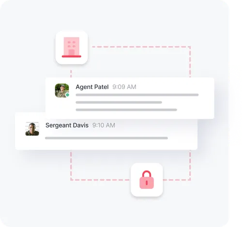 Chat interface showing messages between Agent Patel and Sergeant Davis with icons of a building and a lock connected by dashed lines.