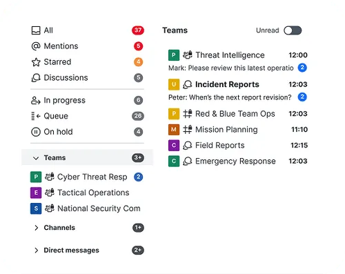 Messaging app interface showing team chats with unread message counts and recent messages from various teams.