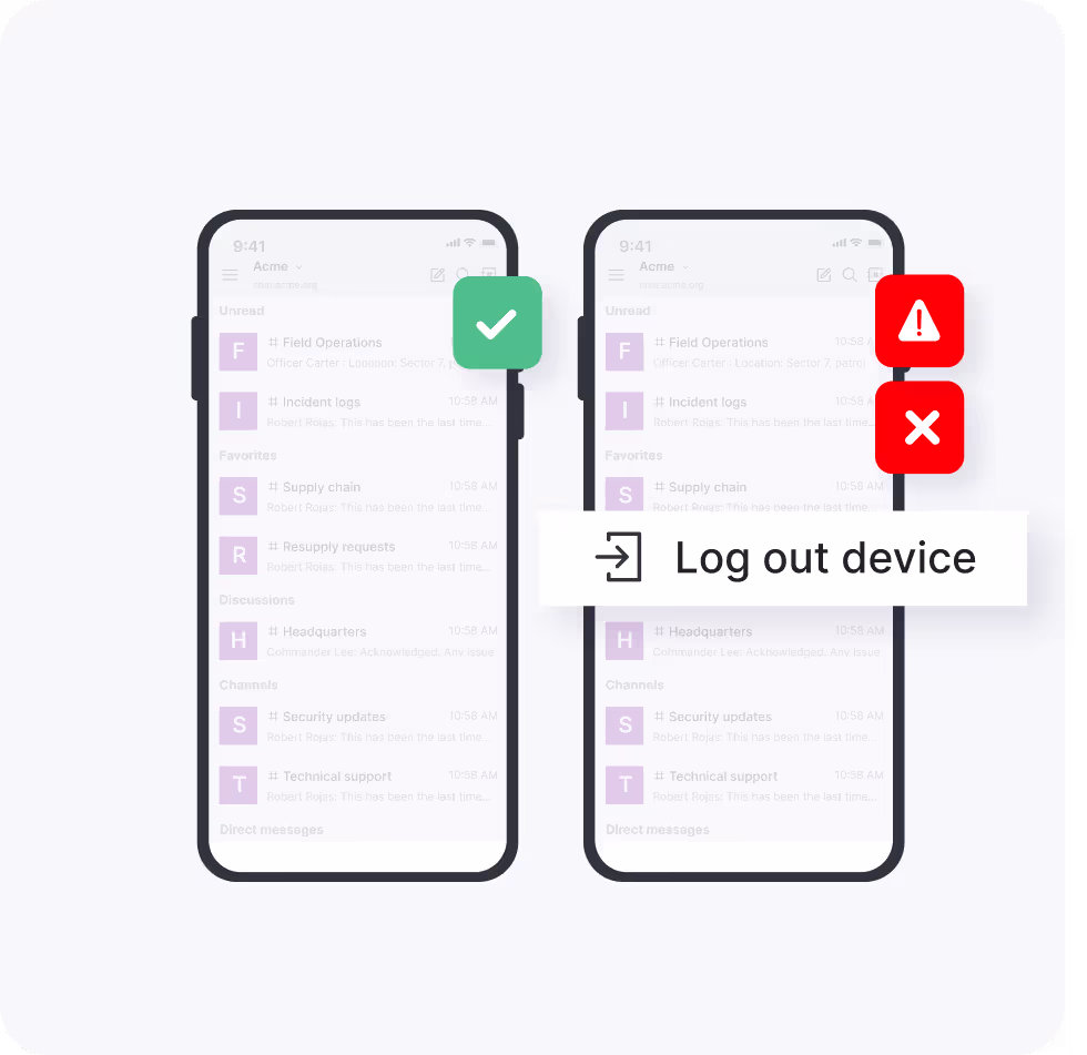 Two smartphone screens showing a messaging app with a green check mark on the left screen and red warning icons with a 'Log out device' label on the right screen.