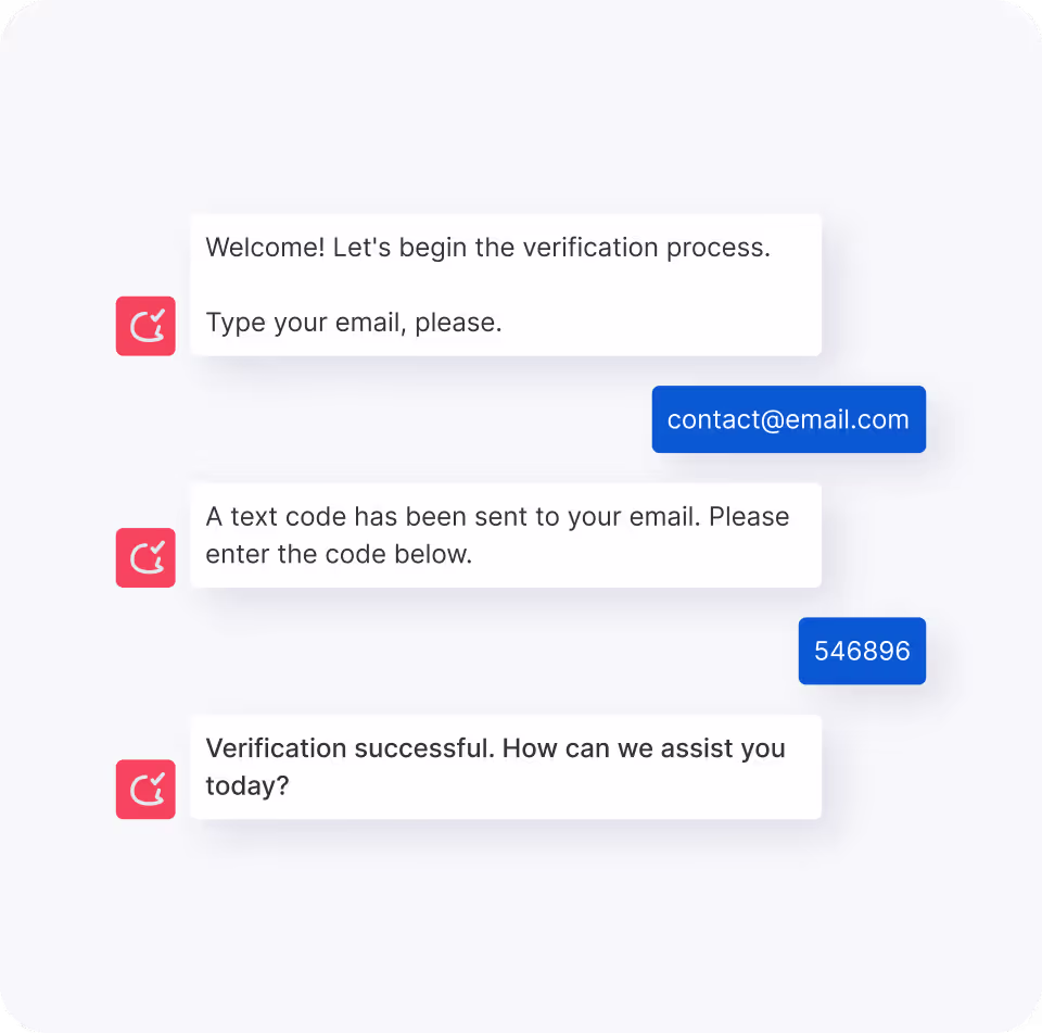Chat interface showing a verification process with prompts to enter email, a code sent by text, and a confirmation of successful verification.