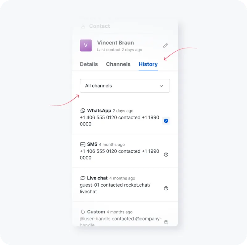 Contact history screen showing Vincent Braun's interactions via WhatsApp, SMS, live chat, and custom channels with dates.