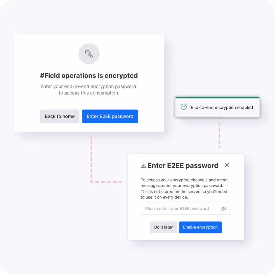 Interface showing prompts for entering an end-to-end encryption password to access encrypted conversations, with options to go back, enable encryption, or do it later.
