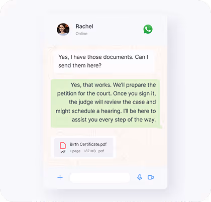 Chat screen with Rachel discussing sending documents, including a birth certificate PDF file attachment.
