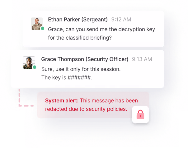 Chat messages between Ethan Parker and Grace Thompson discussing a decryption key, followed by a redacted system alert about security policies.
