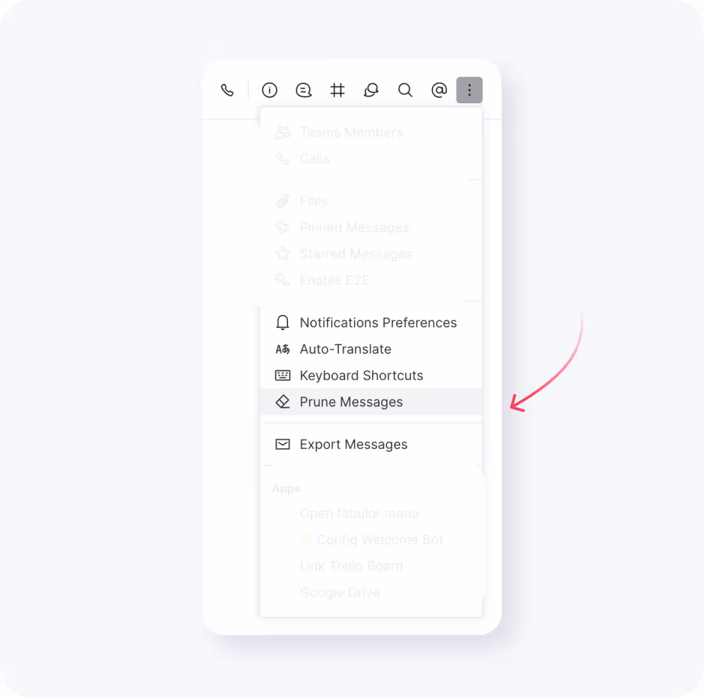 Dropdown menu from a messaging app showing options including Notifications Preferences, Auto-Translate, Keyboard Shortcuts, Prune Messages, and Export Messages.