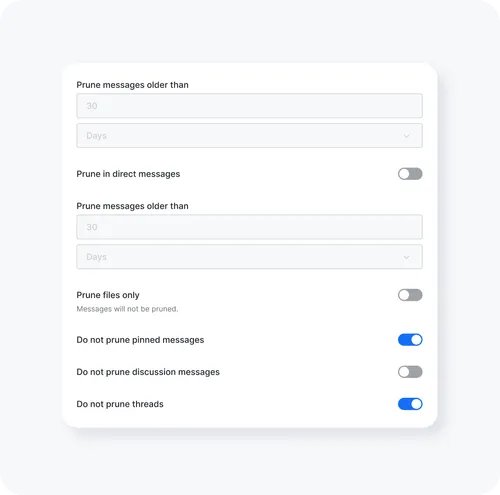 Settings panel for pruning messages with options for prunning older messages, pruning in direct messages, pruning files only, and toggles for excluding pinned messages, discussion messages, and threads.