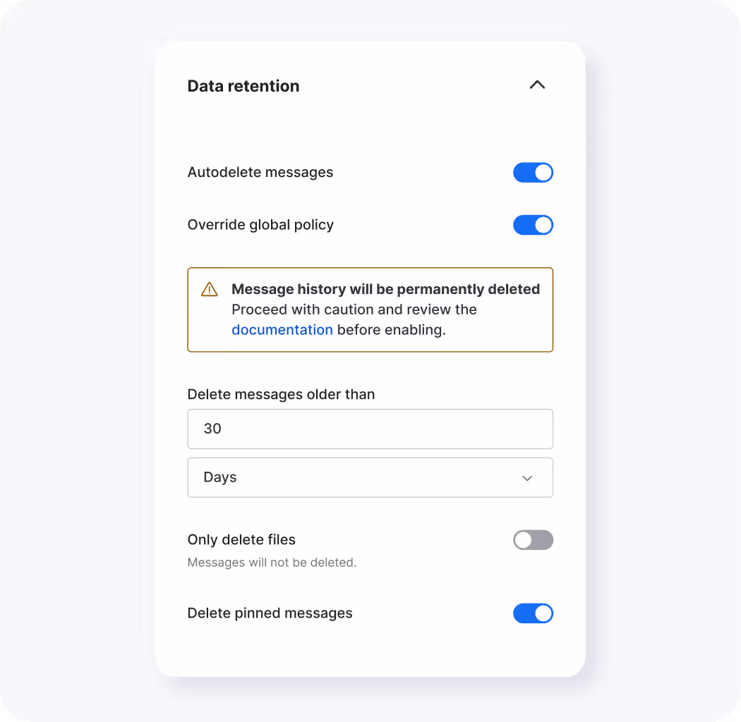 Data retention settings panel with toggles for autodelete messages, override global policy, and delete pinned messages, and options to set message age and delete files.