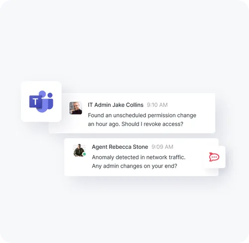Microsoft Teams chat showing IT Admin Jake Collins asking about revoking access after an unscheduled permission change and Agent Rebecca Stone reporting a network traffic anomaly and asking about admin changes.