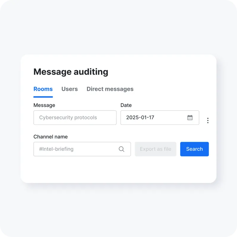 Message auditing interface with tabs for Rooms, Users, Direct messages; input fields for message, date, and channel name; and a blue Search button.