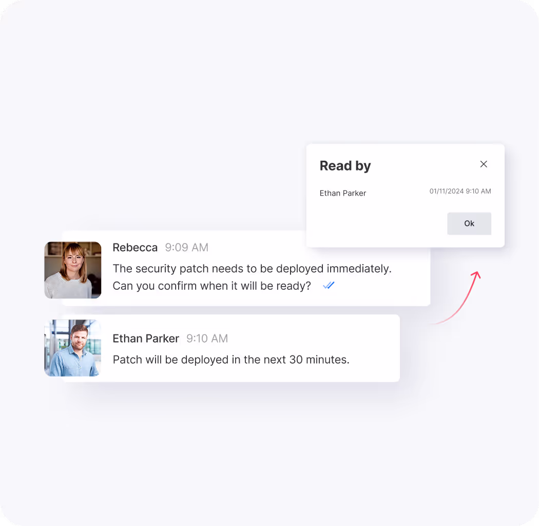 Chat messages between Rebecca and Ethan Parker discussing immediate deployment of a security patch, with a popup showing the message was read by Ethan Parker at 9:10 AM on 01/11/2024.