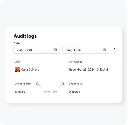 Audit logs interface showing a user Carla Culhane changed a setting from Enabled to Disabled on November 26, 2024, at 10:42 AM, with date filters from 2025-01-01 to 2025-11-26.