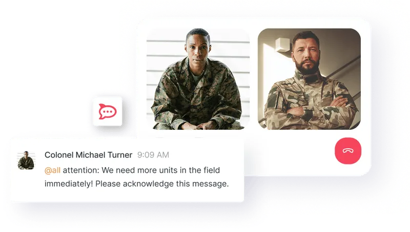 Video call screen with two soldiers in camouflage uniforms and a chat message from Colonel Michael Turner requesting more units in the field.