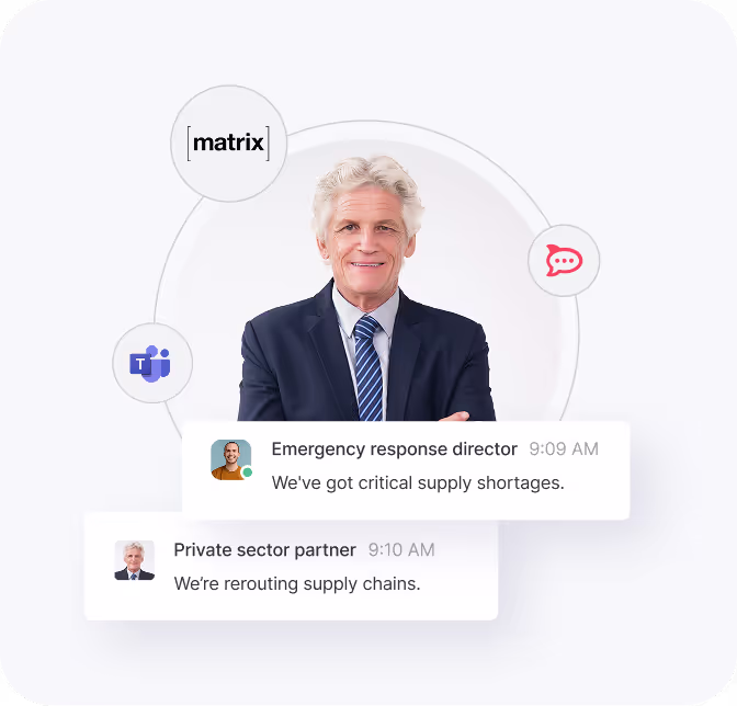 Smiling older man in a suit with arms crossed surrounded by logos including Matrix and Microsoft Teams, and chat messages about supply shortages and rerouting supply chains.