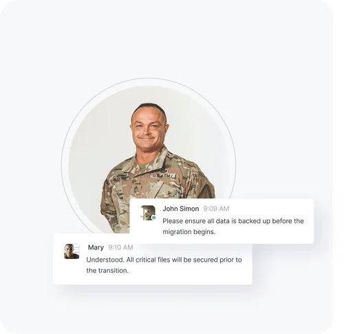 Smiling soldier in camouflage uniform with chat bubbles discussing data backup and file security during migration.