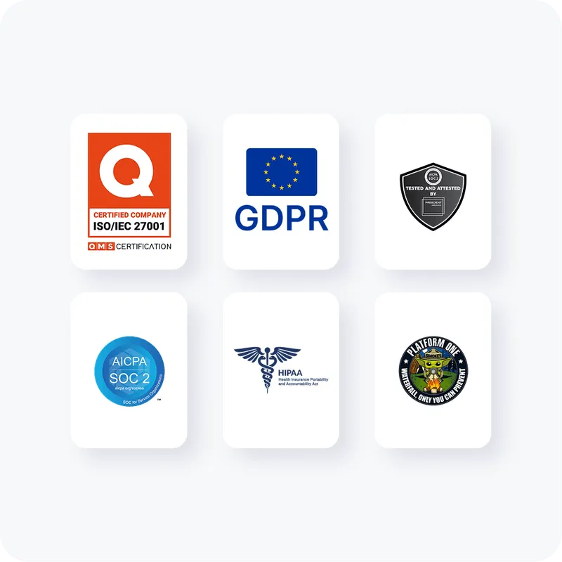 Six certification and compliance logos including ISO/IEC 27001, GDPR, AICPA SOC 2, HIPAA, and Platform One with a green cartoon character.