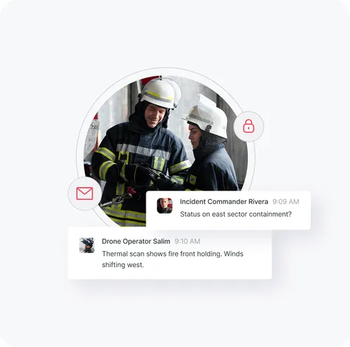 Two firefighters in protective gear and helmets looking at a device, with overlaid chat messages about fire containment status and thermal scan updates.