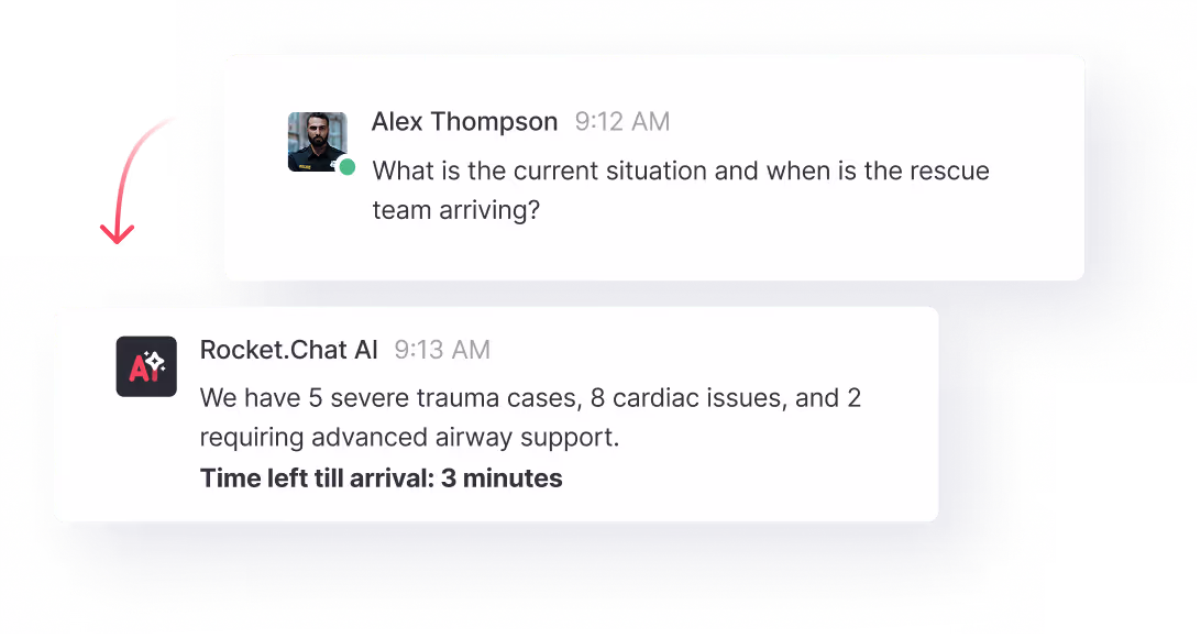 Chat conversation between Alex Thompson asking about the current situation and rescue team arrival time, followed by Rocket.Chat AI reporting five severe trauma cases, eight cardiac issues, two needing advanced airway support, and rescue arrival in 3 minutes.