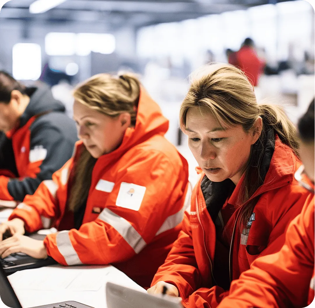 People wearing orange safety jackets working on laptops in an indoor industrial setting.