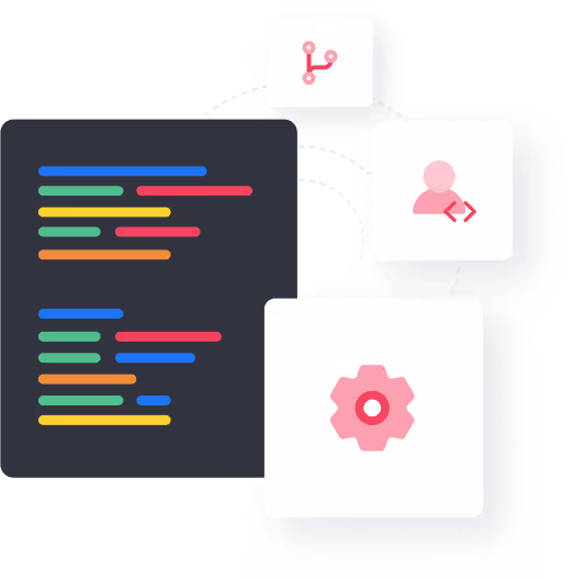 Colored code lines on a dark background with pink icons representing branching, user coding, and settings.