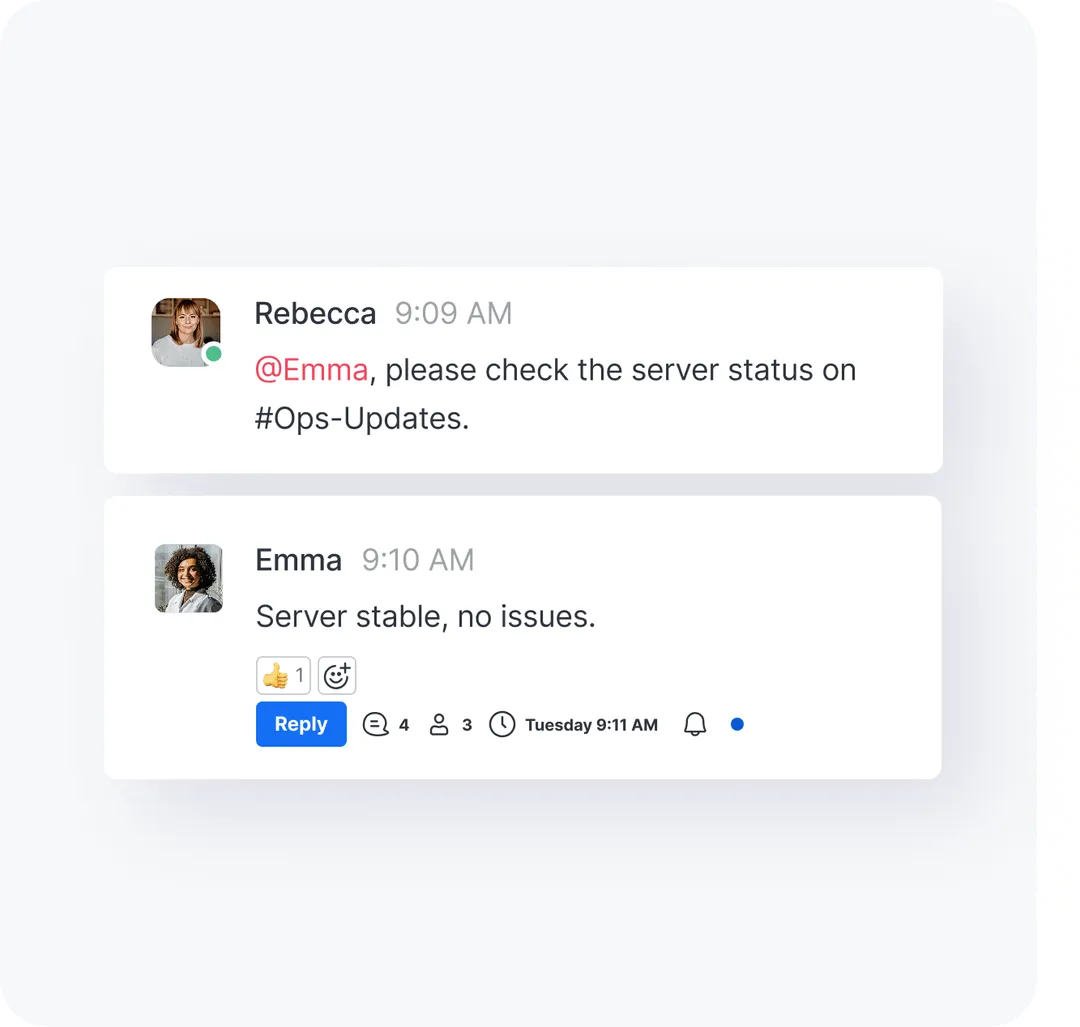 Chat conversation with Rebecca asking Emma to check server status in #Ops-Updates channel, Emma replying server is stable with no issues and a thumbs-up reaction.