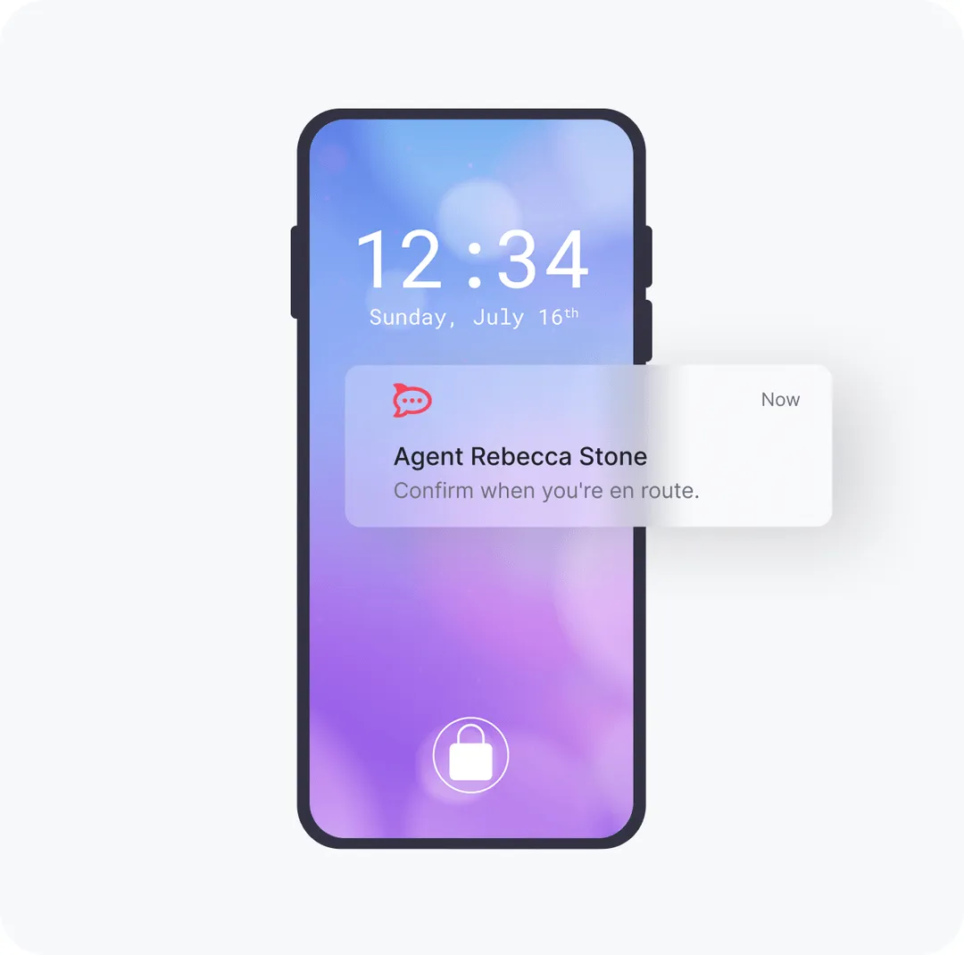 Smartphone lock screen showing time 12:34, date Sunday, July 16th, and a notification from Agent Rebecca Stone saying 'Confirm when you're en route.'