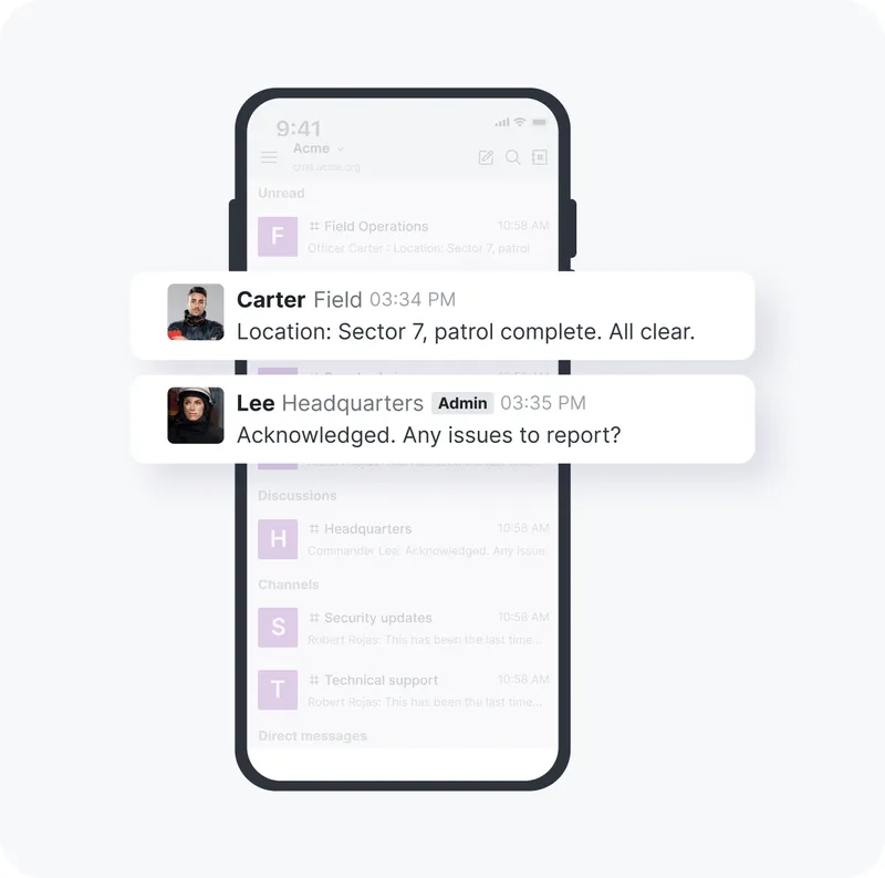 Smartphone screen showing a messaging app conversation between Carter and Lee about patrol status and issues.