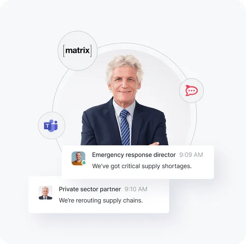 Older man in a suit with conversation bubbles showing messages about critical supply shortages and rerouting supply chains.