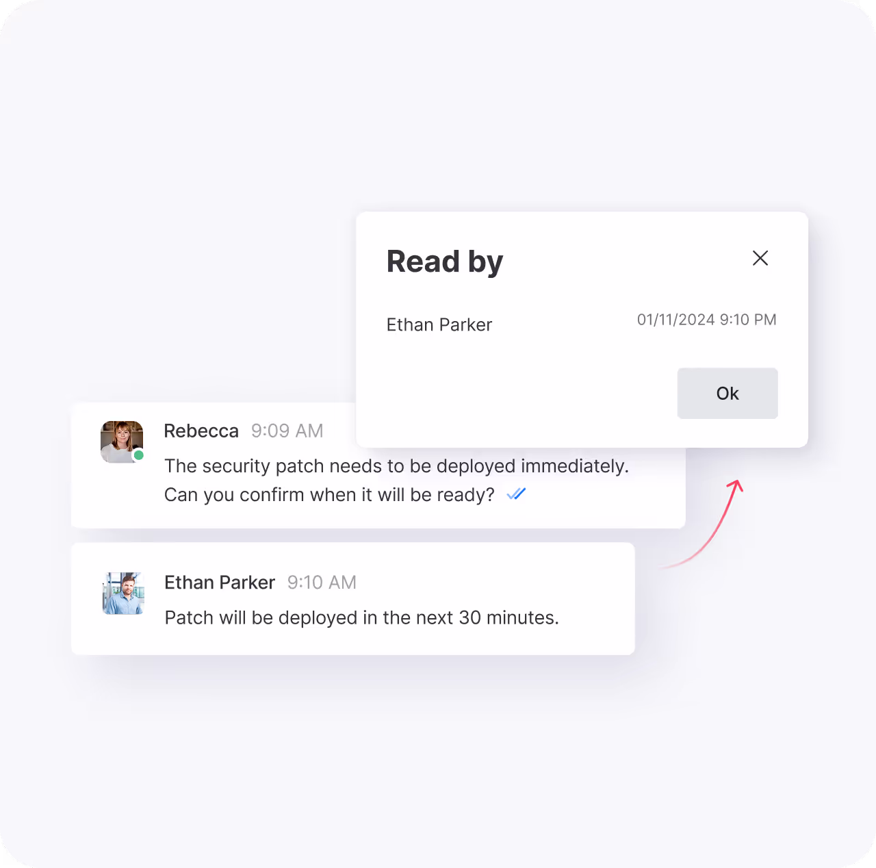 Chat interface showing Rebecca asking about security patch deployment and Ethan Parker confirming it will be deployed in 30 minutes with a 'Read by Ethan Parker' confirmation popup.