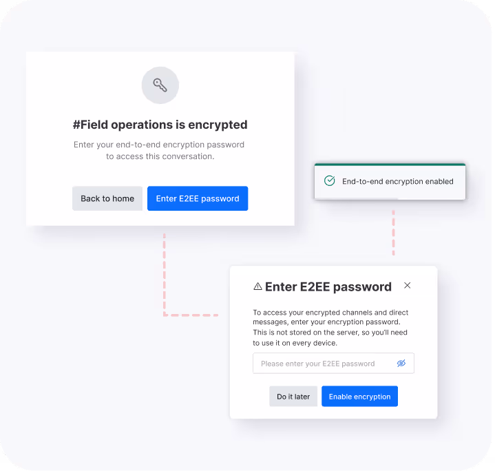 Interface showing prompts to enter an end-to-end encryption password with buttons labeled Back to home, Enter E2EE password, Do it later, and Enable encryption, alongside a message confirming encryption is enabled.