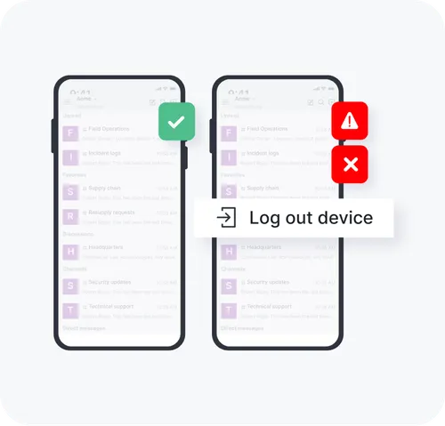 Two smartphone screens displaying a messaging app interface with icons indicating successful login on the left and logout device action with warning on the right.