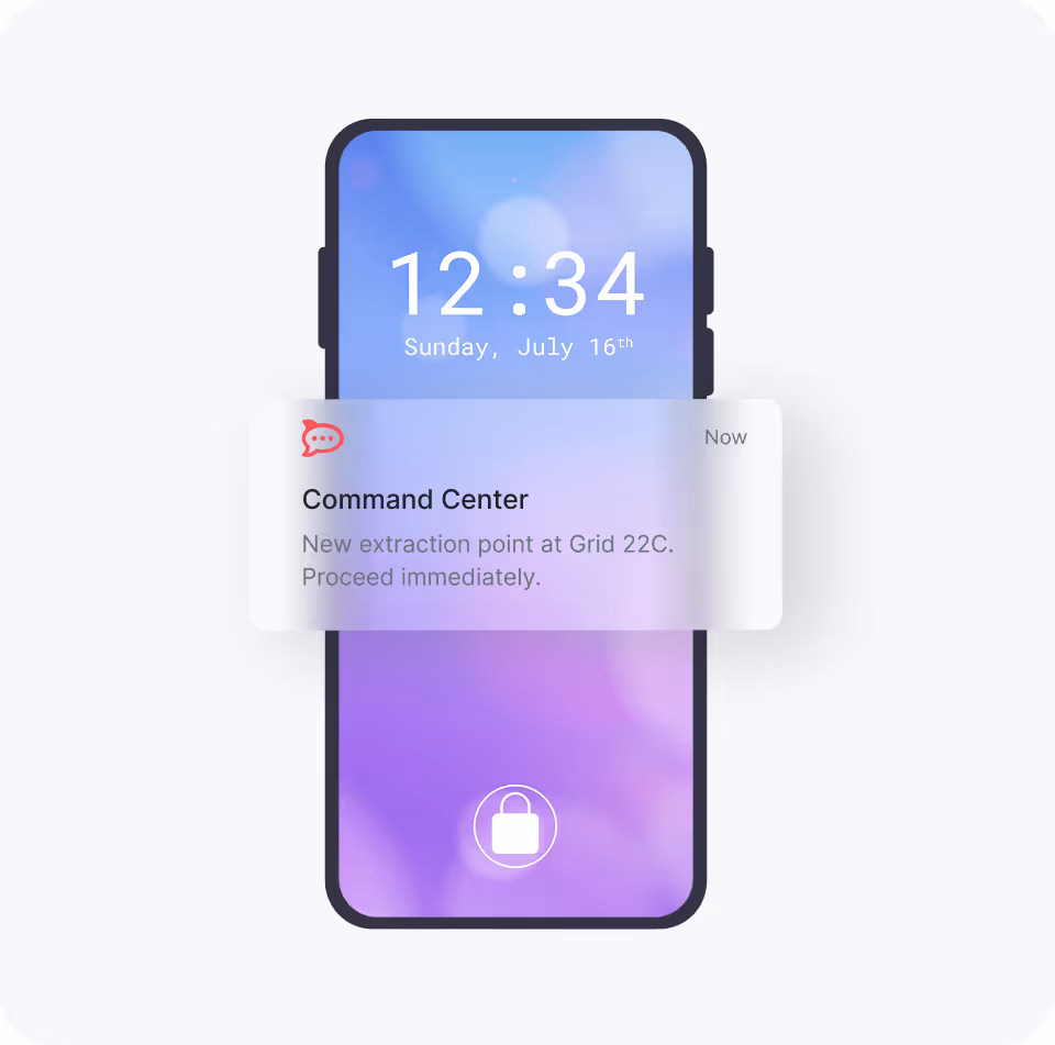 Smartphone lock screen showing time 12:34 on Sunday, July 16th with a notification from Command Center stating new extraction point at Grid 22C, proceed immediately.