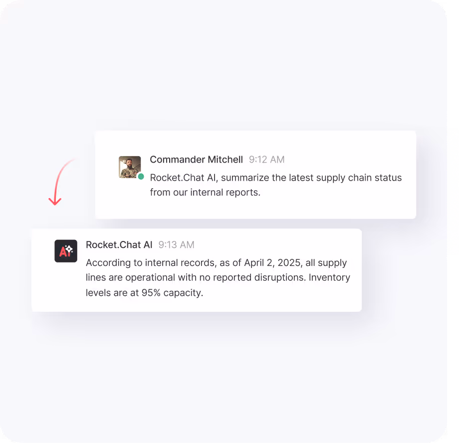 Chat conversation where Commander Mitchell requests Rocket.Chat AI to summarize supply chain status, and AI responds with operational status as of April 2, 2025, at 95% inventory capacity.
