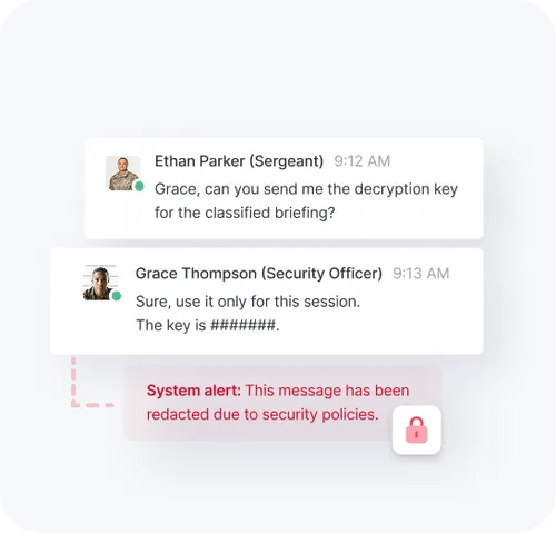 Chat conversation between Ethan Parker asking Grace Thompson for a decryption key and Grace replying with a redacted key along with a system alert about message redaction due to security policies.