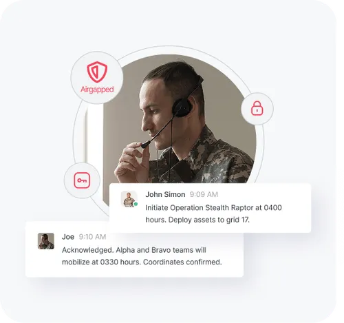 Military communication interface showing a soldier with headset and messages coordinating a stealth operation deployment.