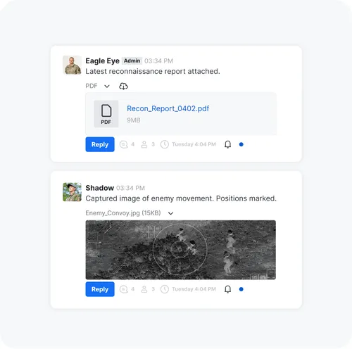 Chat interface with two messages: Eagle Eye sharing a PDF reconnaissance report, Shadow sharing a black-and-white image capturing enemy movement with marked positions.