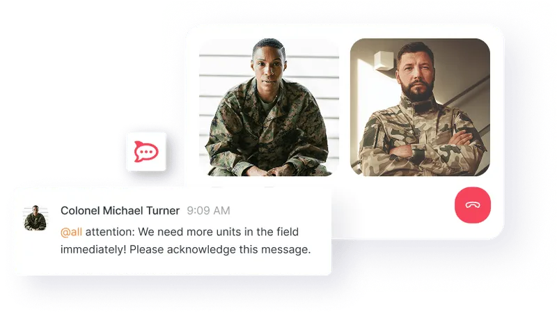 Video call interface showing two military personnel in camouflage uniforms and a message from Colonel Michael Turner requesting more units in the field.