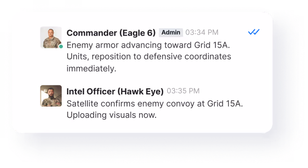 Chat messages between Commander (Eagle 6) and Intel Officer (Hawk Eye) discussing enemy armor advancing toward Grid 15A and satellite confirming enemy convoy at the same location.