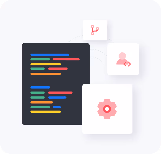 Stylized code block with colorful lines and icons representing version control, user coding, and settings.