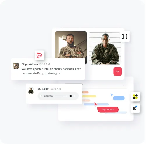 Military video call interface showing two soldiers in uniform and chat messages discussing enemy positions and strategy.