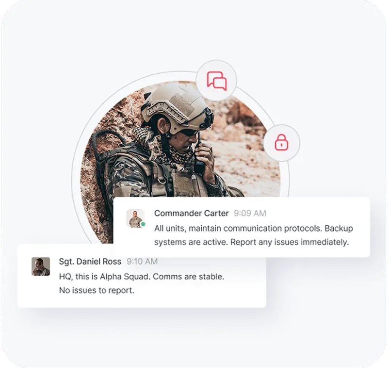 Soldier in camouflage gear and helmet using a radio, with chat messages discussing communication protocols between Commander Carter and Sgt. Daniel Ross.