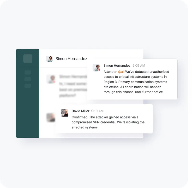 Chat interface showing messages between Simon Hernandez and David Miller about unauthorized access to critical infrastructure and isolating affected systems.