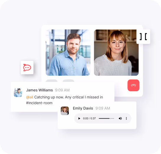 Video call interface showing a man and woman, with chat messages from James Williams and Emily Davis, including a 37-second audio clip.