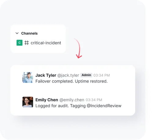 Chat interface showing critical-incident channel with messages: Jack Tyler says 'Failover completed. Uptime restored.' and Emily Chen says 'Logged for audit. Tagging @IncidendReview'.
