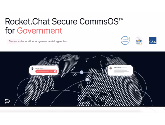 Homepage banner of Rocket.Chat Secure CommsOS for Government with a dotted world map and text chat bubbles.